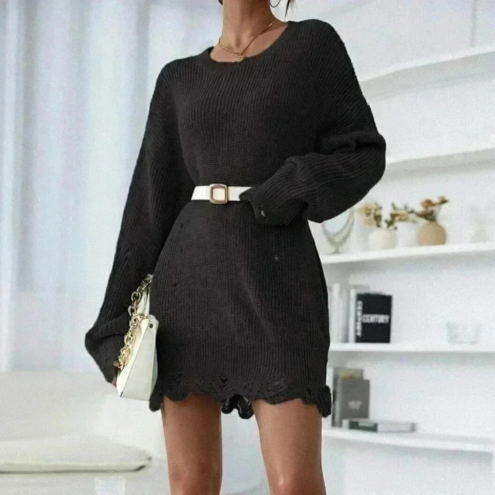 Black Preppy Womens Drop Shoulder Ripped Distressed Sweater Dress
